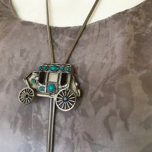 Stagecoach Bolo Tie Western Silver-tone Bola Chain Faux Turquoise Stones